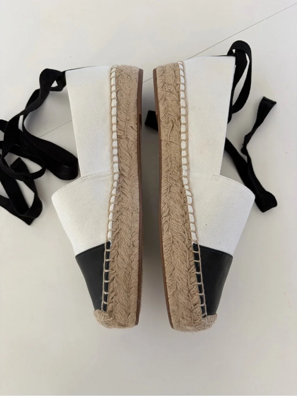 J. Crew Ivory Canvas Black Leather Cap Toe Ankle‎ Wrap Slip-On Espadrille Flats